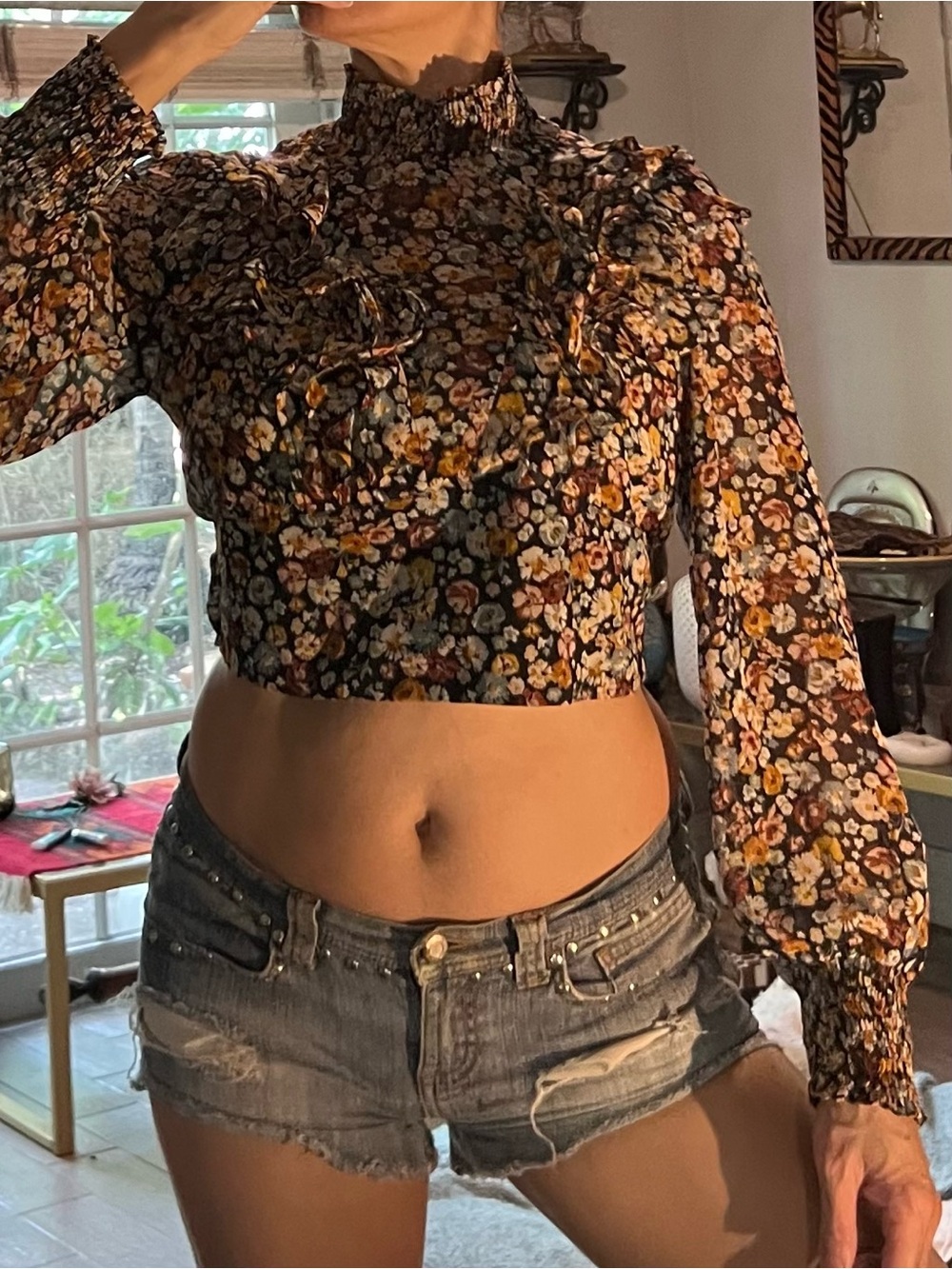 Smocked High-Neck Floral Crop Top - by Zara